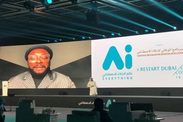 Singer Will.i.am made a virtual appearance at the Ai Everything conference at Dubai World Trade Centre. The National.