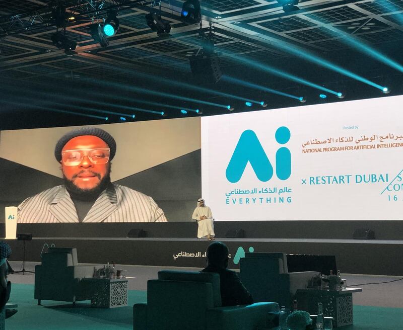 Singer Will.i.am made a virtual appearance at the Ai Everything conference at Dubai World Trade Centre. The National.