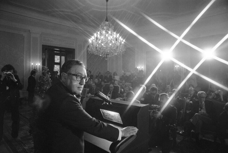 Henry Kissinger faces the press in Salzburg, Austria, in 1974. AP