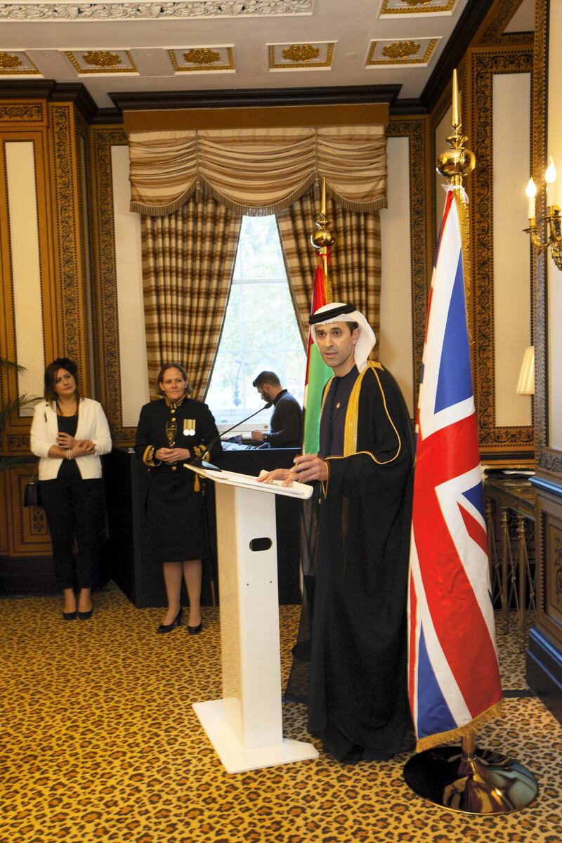 His Excellency Mansoor Abdulhoul following his visit with Her Majesty The Queen at Buckingham Pallace for the presentation of diplomatic credentials. Seen here presenting to diplomats and other honoured VIP guests at the Lanesborough Hotel in central London where the reception of HE Mansoor Abdulhoul's in D'honneur took place in the St George room.