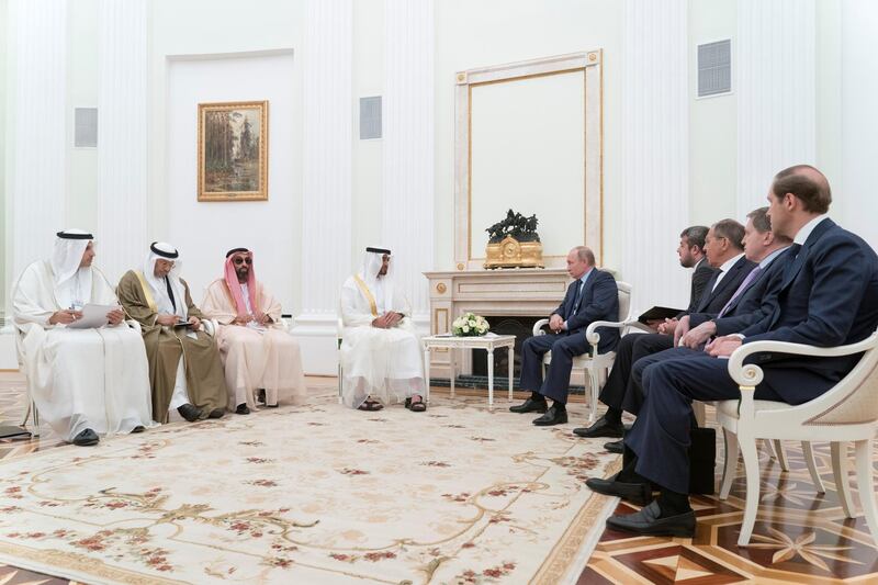 MOSCOW, RUSSIA - June 01, 2018: HH Sheikh Mohamed bin Zayed Al Nahyan, Crown Prince of Abu Dhabi and Deputy Supreme Commander of the UAE Armed Forces (4th L), meets HE Vladimir Putin Vladimirovich, President of Russia (5th R), at the Kremlin Palace. Seen with HE Khaldoon Khalifa Al Mubarak, CEO and Managing Director Mubadala, Chairman of the Abu Dhabi Executive Affairs Authority and Abu Dhabi Executive Council Member (L), HE Dr Anwar bin Mohamed Gargash, UAE Minister of State for Foreign Affairs (2nd L), HH Sheikh Tahnoon bin Zayed Al Nahyan, UAE National Security Advisor (3rd L), HE Sergey Lavrov Minister of Foreign Affairs of Russia (3rd R) and HE Denis Manturov, Minister of Industry and Trade of Russia (R).

( Rashed Al Mansoori / Crown Prince Court - Abu Dhabi )
---