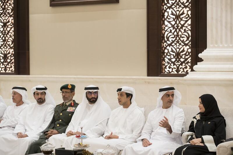 (R-L) Dr Amal Al Qubaisi, Speaker of the Federal National Council, Sheikh Saif bin Zayed, Deputy Prime Minister and Minister of Interior, Sheikh Mansour bin Zayed, Deputy Prime Minister and Minister of Presidential Affairs, Mohammed Al Bowardi, Minister of State for Defence Affairs, Lt Gen Hamad Al Romaithi, Chief of Staff of the UAE Armed Forces, Mubarak Al Mansouri, Governor of the UAE Central Bank and Saif Al Aryani, Secretary General of the UAE Higher National Security Council, attend an iftar reception at Al Bateen Palace. Ryan Carter / Crown Prince Court — Abu Dhabi