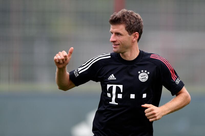 Bayern Munich's Thomas Mueller gestures during a training session in Munich on Friday. It was the club's first training session of the new season. AP Photo