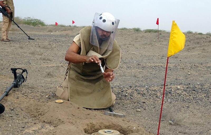 Members of Yemen's Saudi Arabia-backed pro-government forces uncover and disarm land mines in western Hodeidah province.  AFP