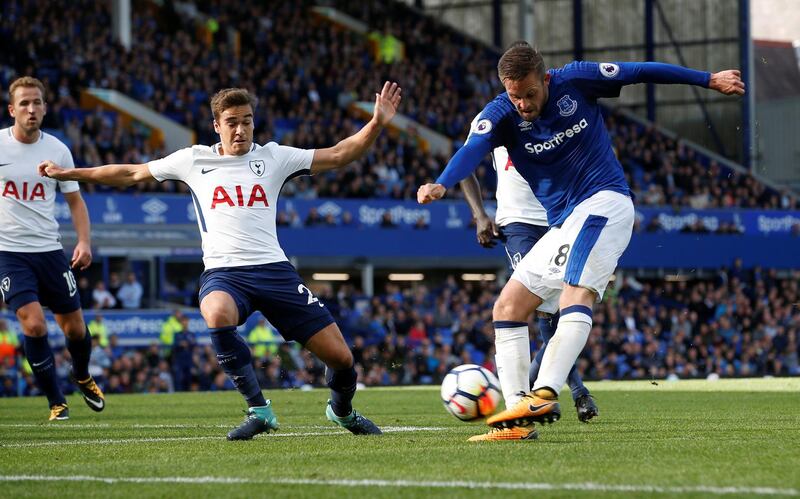 Soccer Football - Premier League - Everton vs Tottenham Hotspur - Liverpool, Britain - September 9, 2017   Everton's Gylfi Sigurdsson in action with Tottenham's Harry Winks   REUTERS/Andrew Yates  EDITORIAL USE ONLY. No use with unauthorized audio, video, data, fixture lists, club/league logos or "live" services. Online in-match use limited to 75 images, no video emulation. No use in betting, games or single club/league/player publications. Please contact your account representative for further details.
