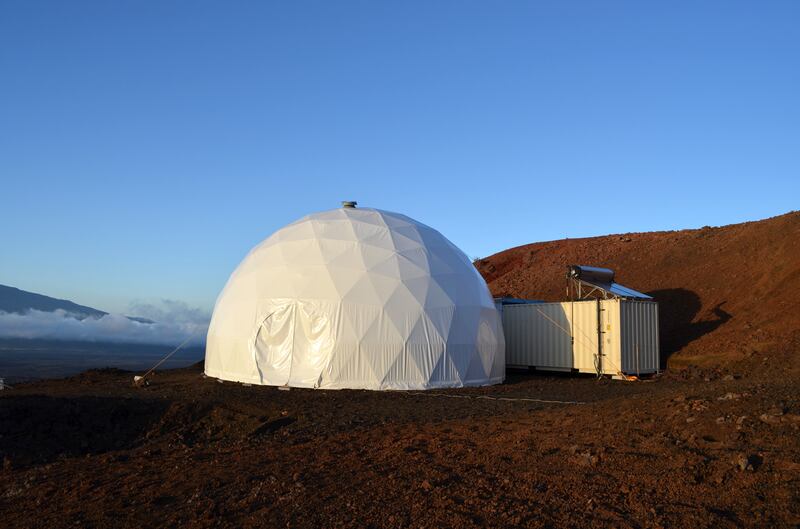 TO GO WITH AFP STORY US-SPACE-RESEARCH-MARS BY KERRY SHERIDAN
This April 25, 2013 photo provided by the University of Hawaii at Manoa shows the HI-SEAS (Hawaii Space Exploration Analog and Simulation) habitat. On October 15, 2014 six researchers began an eight-month program in a domed habitat situated in an abandoned quarry on the northern slope of the Mauna Loa volcano on the Big Island of Hawaii to simulate life on a Martian outpost. The program focuses on the study of social, interpersonal and cognitive factors that affect team performance during long-duration space travel, such as missions to Mars. AFP PHOTO / HANDOUT /University of Hawaii at Manoa / Sian Proctor    == RESTRICTED TO EDITORIAL USE / MANDATORY CREDIT: "AFP PHOTO / HANDOUT / University of Hawaii at Manoa / Sian Proctor "/ NO MARKETING / NO ADVERTISING CAMPAIGNS / NO A LA CARTE SALES / DISTRIBUTED AS A SERVICE TO CLIENTS == (Photo by Sian PROCTOR / University of Hawaii at Manoa / AFP)