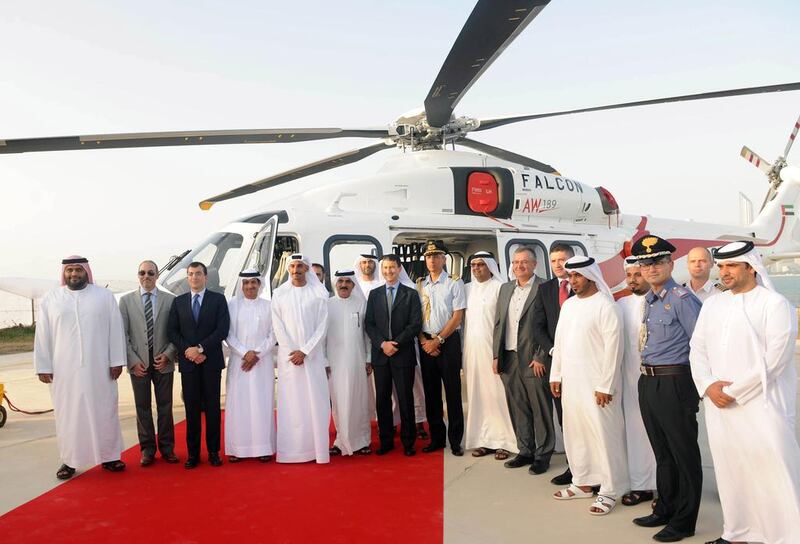 Falcon Aviation Services on Wednesday recieved two super medium AWA 189 helicopters in the presence of Sheikh Zayed bin Sultan bin Khalifa Al Nahyan, Chairman of the Board of Directors.