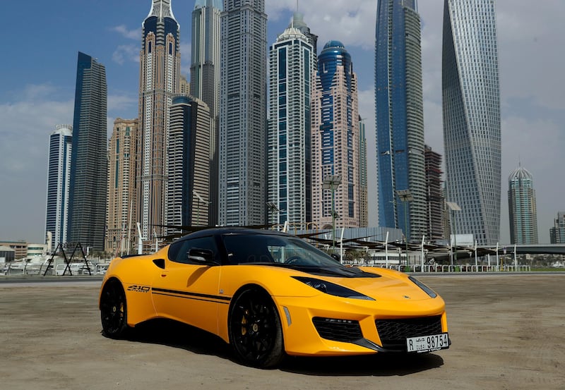 Dubai, United Arab Emirates, August 06, 2017: Lotus Evora 410 Sport road test for motoring on Sunday, Aug. 06, 2017, The Marina, Dubai. Chris Whiteoak The National