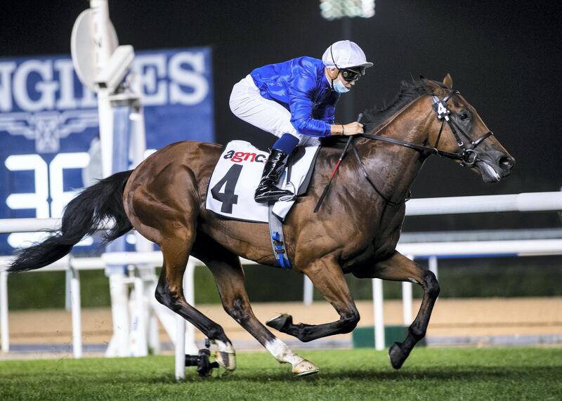 DUBAI, UNITED ARAB EMIRATES. 25 FEBRUARY 2021. 
Jockey Mickael Barzalona on Naval Crown (GB) wins  Meydan Classic race,  1200M Turf, at Meydan Racecourse.

NAVAL CROWN (GB)
3 yrs. Bay C (21 days since last race)
Owner:Godolphin
Breeder:Godolphin
Trainer: Charlie Appleby

Photo: Reem Mohammed / The National
Reporter: Amith Passala
Section: SP