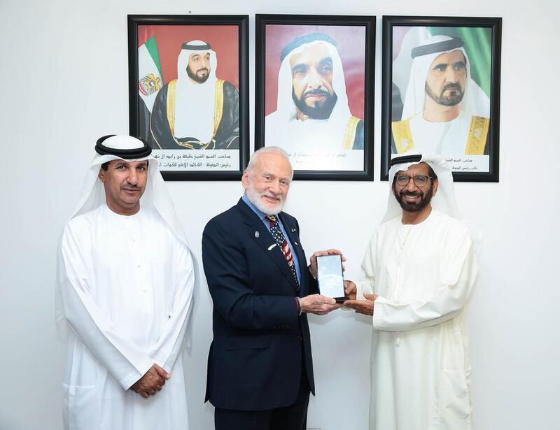 Former astronaut Buzz Aldrin meets with Dr Khalifa Al Romaithi, Chairman of the UAE Space Agency, Dr Mohammed Al Ahbabi, Director General of the UAE Space Agency, and senior agency officials to discuss cooperation in space science, technology, education and exploration. Courtesy UAE Space Agency