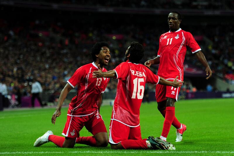 LONDON, ENGLAND - JULY 29:  Rashed Eisa (C) of United Arab Emirates celebrates with team mates after scoring an equalising goal during the Men's Football first round Group A Match between Great Britain and United Arab Emirates on Day 2 of the London 2012 Olympic Games at Wembley Stadium on July 29, 2012 in London, England.  (Photo by Stu Forster/Getty Images)