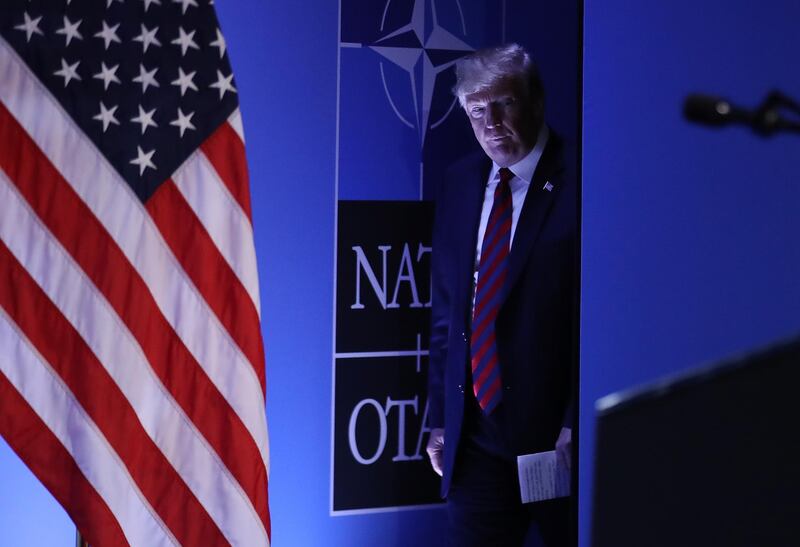 BRUSSELS, BELGIUM - JULY 12:  U.S. President Donald Trump arrives to speak to the media at a press conference on the second day of the 2018 NATO Summit on July 12, 2018 in Brussels, Belgium. Leaders from NATO member and partner states are meeting for a two-day summit, which is being overshadowed by strong demands by U.S. President Trump for most NATO member countries to spend more on defense.  (Photo by Sean Gallup/Getty Images) *** BESTPIX ***