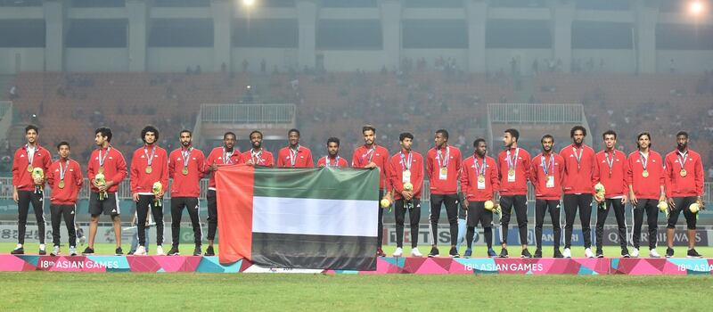 <p>UAE celebrate their 4-3 penalty shoot-out win over Vietnam to win the bronze medal match at the 2018 Asian Games. Courtesy UAE FA</p>
