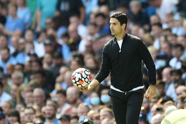 Arsenal's Spanish manager Mikel Arteta on the sidelines during the English Premier League football match between Manchester City and Arsenal at the Etihad Stadium in Manchester, north west England, on August 28, 2021.  (Photo by Oli SCARFF / AFP) / RESTRICTED TO EDITORIAL USE.  No use with unauthorized audio, video, data, fixture lists, club/league logos or 'live' services.  Online in-match use limited to 120 images.  An additional 40 images may be used in extra time.  No video emulation.  Social media in-match use limited to 120 images.  An additional 40 images may be used in extra time.  No use in betting publications, games or single club/league/player publications.   /  