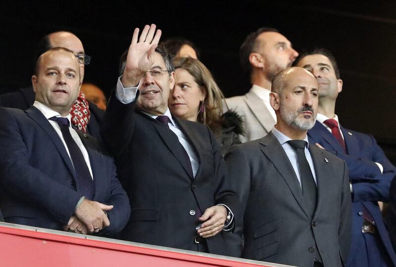 Athletic club president Aitor Elizegi, right, and Barcelona president Josep Maria Bartomeu, centre, before the quarter-final. EPA