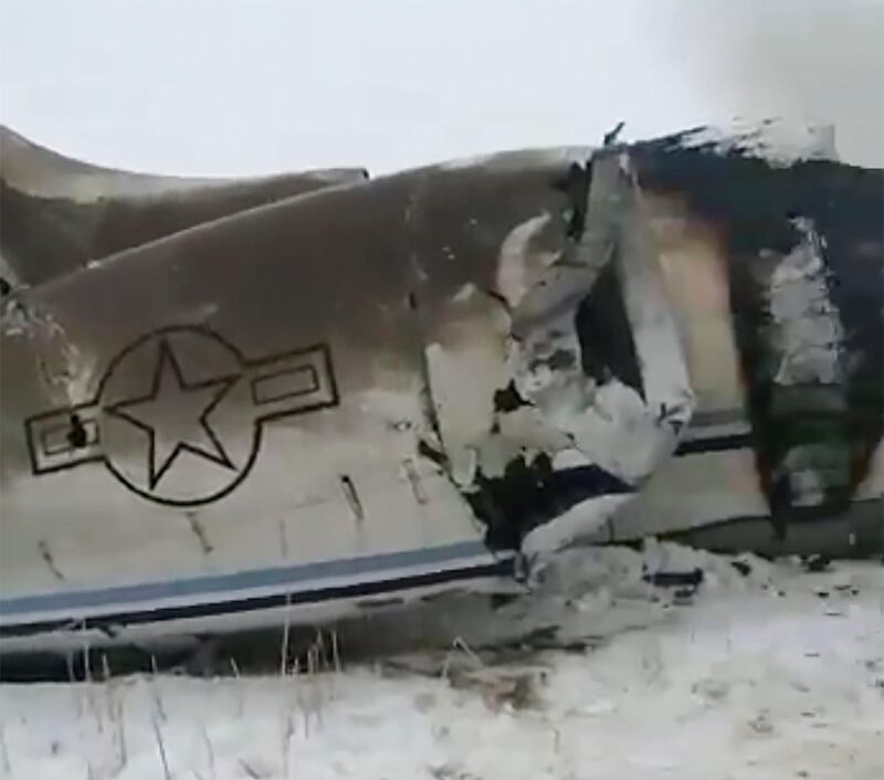 An aircraft that crashed in eastern Afghanistan on Monday, January 27, 2020. Tariq Ghazniwal via AP