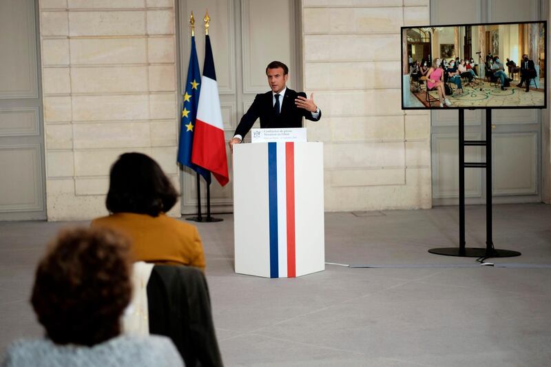 French President Emmanuel Macron speaks during a press conference on the political and economical situation in the Lebanon, where he accused Lebanon's leaders of betraying their promises over the failure to form a government in the wake of the giant blast at the Beirut port in August.  AFP