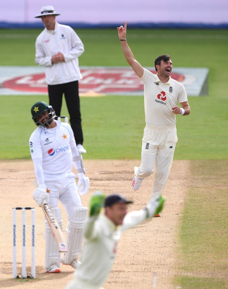 James Anderson celebrates after  Azhar Ali edges behind to give the England bowler  his 600th Test wicket during Day 5 of the third Test at the Ageas Bowl in Southampton on Tuesday, August 25. Getty