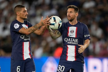 PSG's Lionel Messi, right, and PSG's Marco Verratti during the French League One soccer match between Paris Saint-Germain and Montpellier at the Parc des Princes in Paris, Saturday, Aug.  13, 2022.  (AP Photo / Francois Mori)