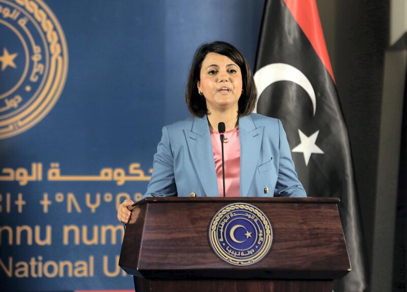 TRIPOLI, LIBYA - MAY 23: Libya's Foreign Minister, Najla El Mangoush and Qatari Deputy Prime Minister and Minister of Foreign Affairs, Mohammed bin Abdulrahman Al-Thani (not seen) hold a joint press conference in Tripoli, Libya on May 23, 2021. (Photo by Hazem Turkia/Anadolu Agency via Getty Images)