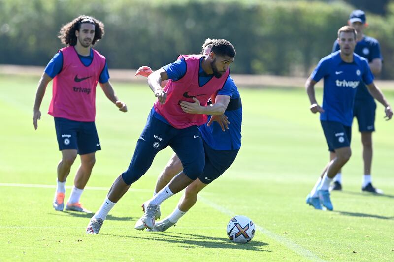 Ruben Loftus-Cheek and Conor Gallagher during a training session at Chelsea Training Ground.