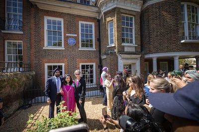 Historian Anita Anand, centre, Prof Helen Pankhurst and Peter Bance at the unveiling of a blue plaque for suffragette Princess Sophia Duleep Singh at her former London home in south-west London. PA