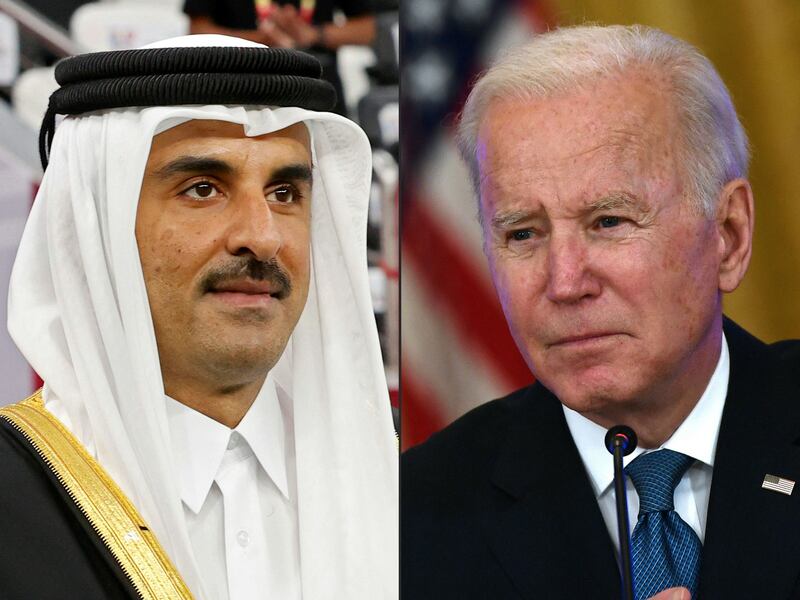 Qatar's Emir Sheikh Tamim bin Hamad Al Thani, left, and US President Joe Biden will discuss Middle East security, among other issues, when they meet on Monday. AFP