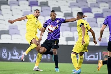 Kodjo Laba, centre, scored twice in Al Ain’s 3-2 win over Al Wasl in the Adnoc Pro League at the Hazza bin Zayed stadium on Tuesday, April 5, 2022. - PLC