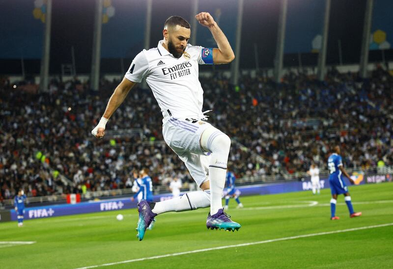 Karim Benzema celebrates scoring Real Madrid's third goal against Al Hilal. Reuters