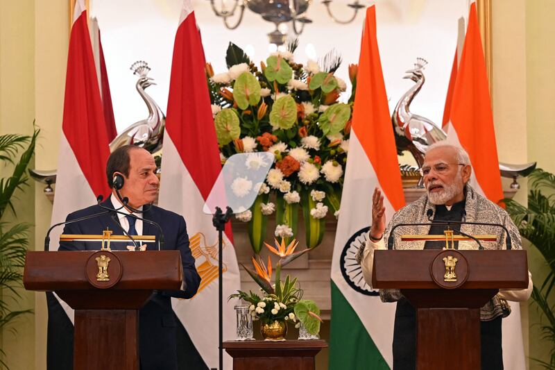India’s Prime Minister Narendra Modi during a joint media briefing with Egypt’s President at Hyderabad House in New Delhi on Wednesday. AFP