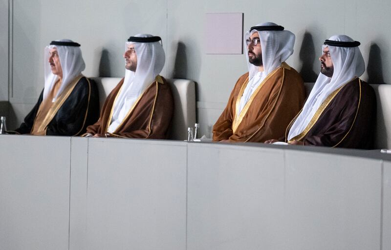 Sheikh Mohammed bin Hamad Al Sharqi, Crown Prince of Fujairah, right, Sheikh Rashid bin Saud bin Rashid Al Mualla, Crown Prince of Umm Al Quwain, second right, and Saqr bin Ghobash Saeed Ghobash, chairman of the UAE Federal National Council.