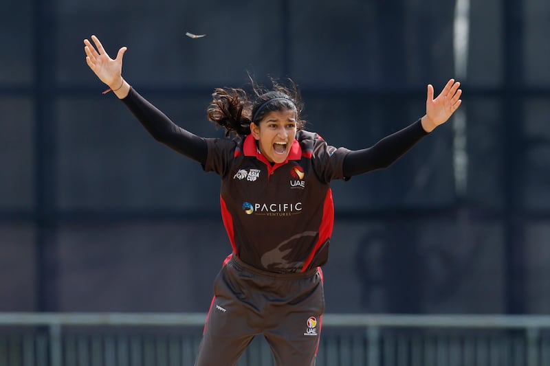 Mahika Gaur of UAE celebrates the wicket of Sabbineni Meghana of India during the Women’s T20 Asia Cup 2022 match at the Sylhet Outer Cricket Stadium, Sylhet, Bangladesh on October 4, 2022. Photo: Deepak Malik