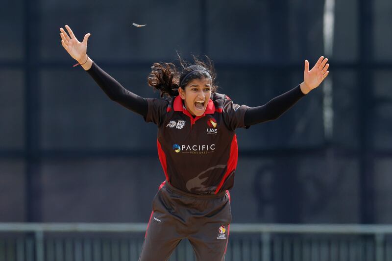 UAE's Mahika Gaur celebrates the wicket of Sabbineni Meghana of India during the 2022 women’s T20 Asia Cup in Bangladesh. Photo: Asian Cricket Council 


RESTRICTED TO EDITORIAL USE