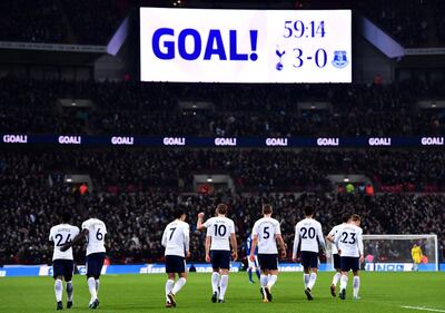 LONDON, ENGLAND - JANUARY 13: Harry Kane of Tottenham Hotspur celebrates scoring the 3rd goal during the Premier League match between Tottenham Hotspur and Everton at Wembley Stadium on January 13, 2018 in London, England. (Photo by Justin Setterfield/Getty Images)