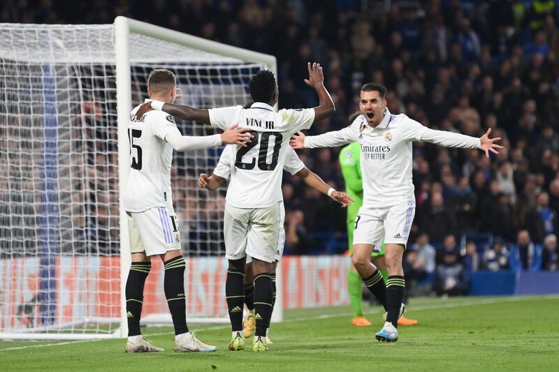 Rodrygo of Real Madrid celebrates with teammates after scoring the team's second goal. Getty