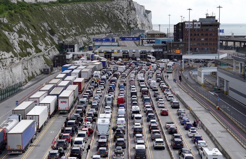 Cars and lorries queue for English Channel crossings at the port of Dover in Kent. PA