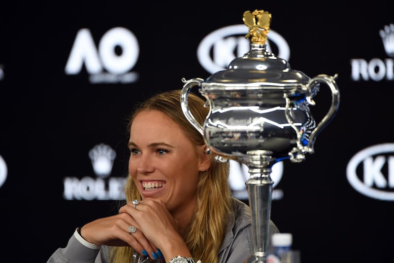 epa06478555 Caroline Wozniacki of Denmark attends a press conference after winning the women's singles final against Simona Halep of Romania at the Australian Open Grand Slam tennis tournament in Melbourne, Australia, 27 January 2018.  EPA/TRACEY NEARMY AUSTRALIA AND NEW ZEALAND OUT