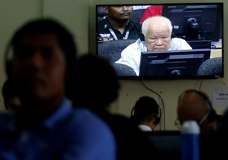 Khieu Samphan waits for a verdict at the the Extraordinary Chambers in the Courts of Cambodia in Phnom Penh in 2018. Reuters
