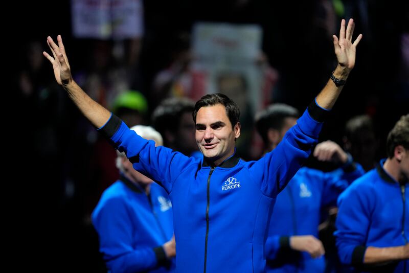 Roger Federer acknowledges the crowd after playing his final professional match during the Laver Cup in London on Friday. AP