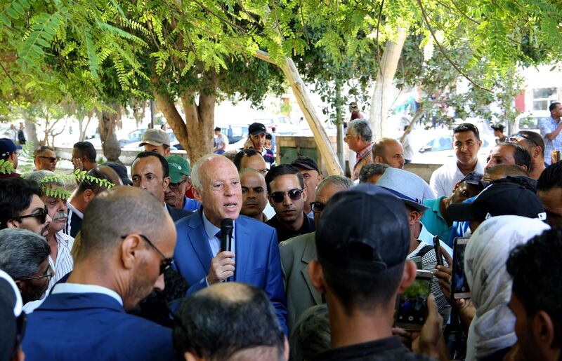 Tunisian presidential candidate Kais Saied speaks to a crowd in the central Tunisian city of Gafsa ahead of the upcoming elections. AFP