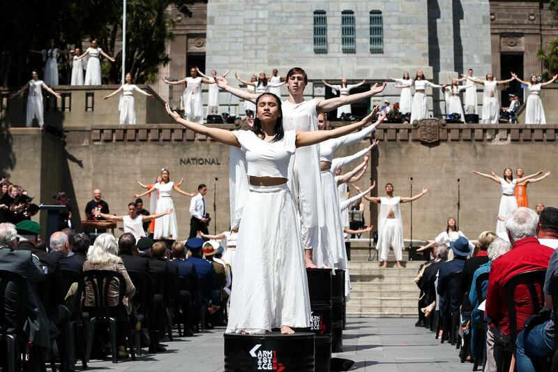 Dancers perform during the Armistice Centenary National Ceremony at Pukeahu National War Memorial Park in Wellington, New Zealand. Getty Images