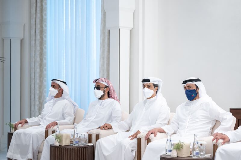 R-L, Sheikh Abdullah bin Zayed, Sheikh Mansour bin Zayed , Sheikh Tahnoun bin Zayed and Lt Gen Sheikh Saif bin Zayed at Al Shati Palace. Rashed Al Mansoori / Ministry of Presidential Affairs