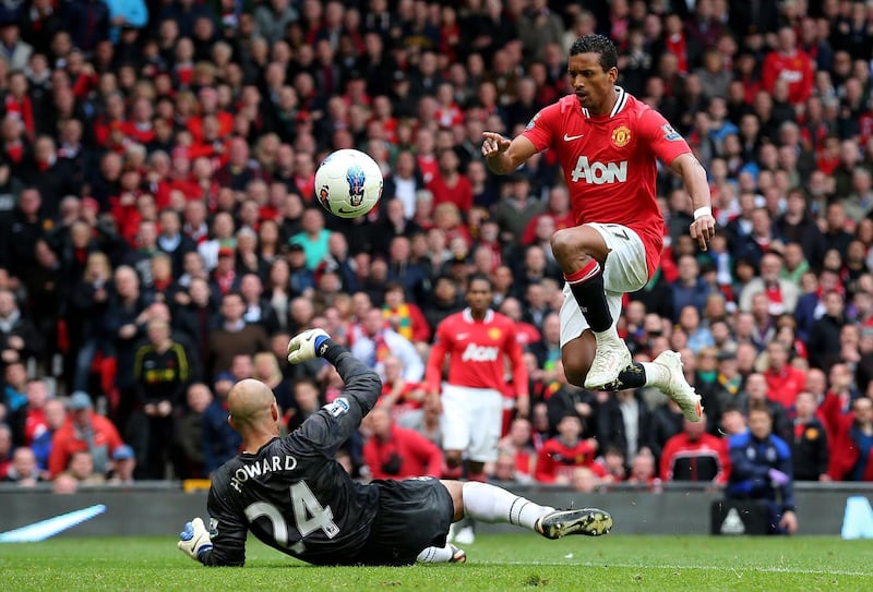 MANCHESTER, ENGLAND - APRIL 22:  Nani of Manchester United scores his team's third goal during the Barclays Premier League match between Manchester United and Everton at Old Trafford on April 22, 2012 in Manchester, England.  (Photo by Alex Livesey/Getty Images)