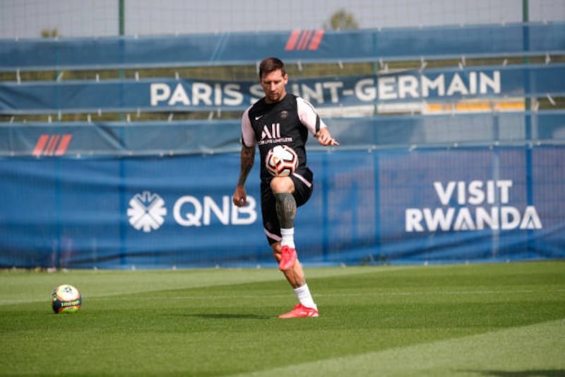 Lionel Messi controls the ball during a PSG training session at Ooredoo Centre.