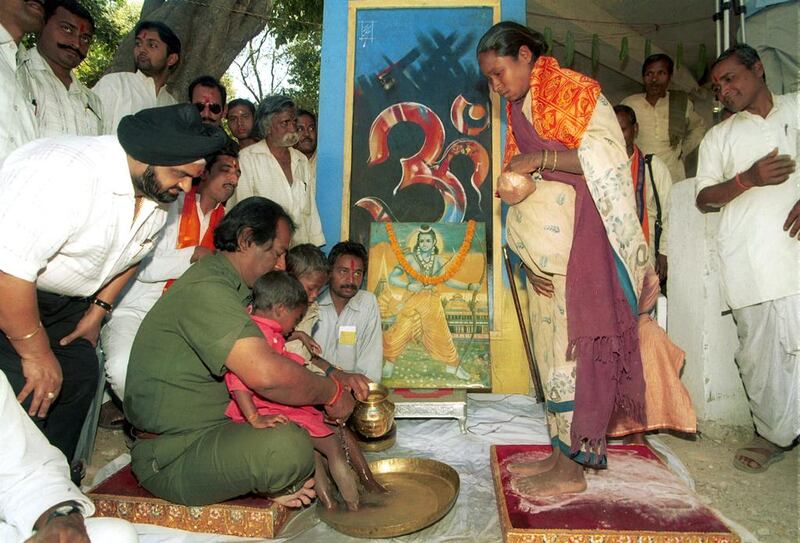 FIle picture from 2009 of Hindu activists in Orissa 'reconverting' Christians in Orissa in ceremonies which are named 'homecoming ceremonies' by the Hindu leaders who believe they are returning to their original faith. Shaikh Azizur Rahman for The National