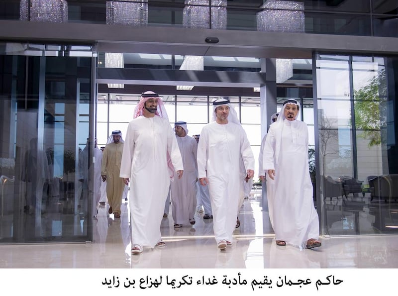 Sheikh Humaid bin Rashid Al Nuaimi, Ruler of Ajman, hosts a lunch in honour of Sheikh Hazza bin Zayed, Deputy Chairman of the Abu Dhabi Executive Council, on Wednesday. Wam