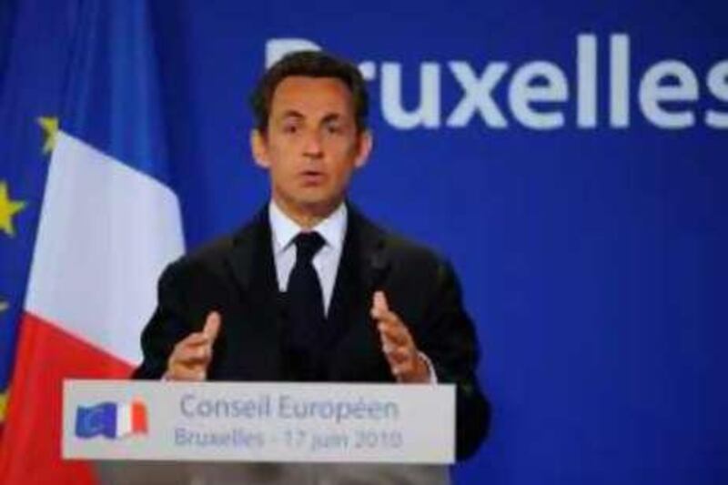 France's President Nicolas Sarkozy gives a press conference after an European Council gathering EU's heads of state on June 17, 2010 in Brussels. During the one-day meeting, EU leaders were expected to adopt "Europe 2020", the new strategy for jobs and growth, and discuss the forthcoming G 20 summit, economic governance and post-Copenhagen climate strategy.           AFP PHOTO / ERIC FEFERBERG *** Local Caption ***  792719-01-08.jpg
