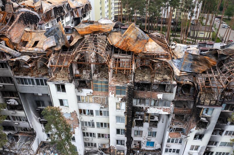 A residential area destroyed by Russian shelling in Irpin, near Kyiv. Russia's military offensive in Ukraine has plunged the latter into a deep economic and societal crisis. AP