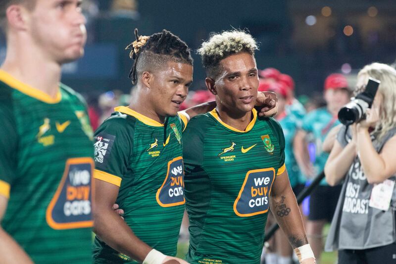 Dewald Human of South Africa, centre, after their World Series Men’s Final victory over Argentina at Dubai Sevens. All photos: Ruel Pableo for The National