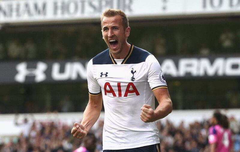 Harry Kane of Tottenham Hotspur celebrates scoring his side’s first goal. Julian Finney / Getty Images